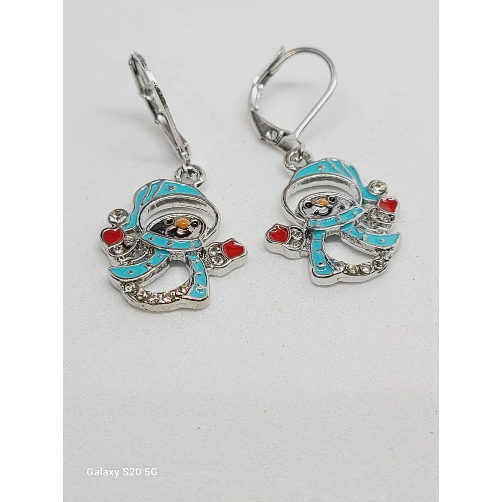 Snowman Enamel Drop‎ Earrings Silver Tone Blue Winter Holiday Rhinestone Dangle